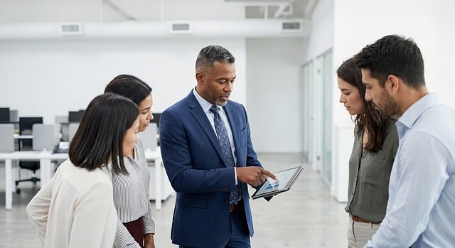 AI strategy consulting session with data visualization on screen